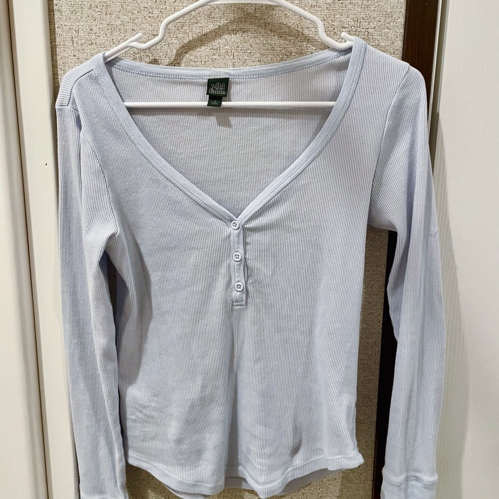Light Blue V-Neck Buttoned Women's Top